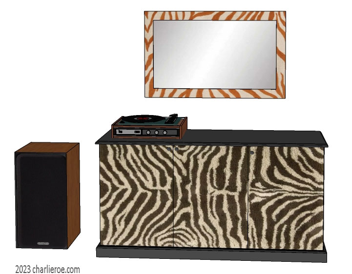 New African style 3 door sideboard with display shelves with painted zebra patterns design & matching wall mirror