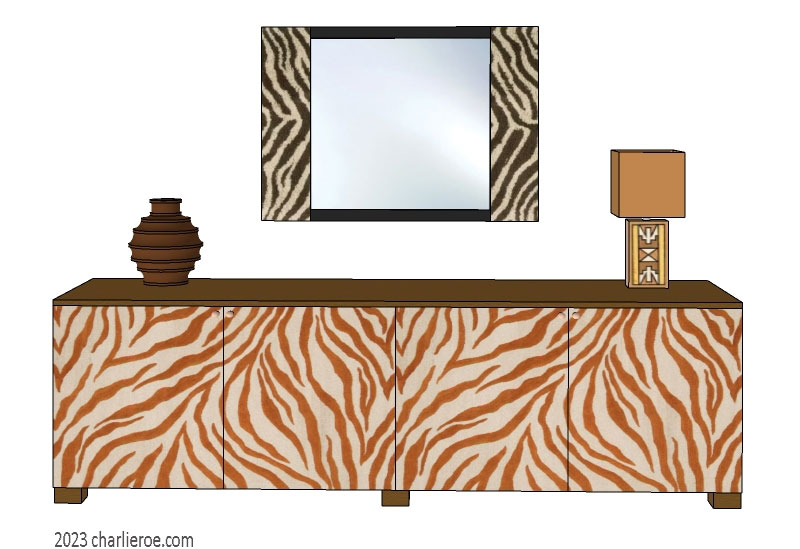 New African style 4 door sideboard with display shelves with painted zebra patterns design & matching wall mirror