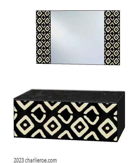 New African style wall hung cabinets & console tables & matching wall mirrors painted with African abstract patterns