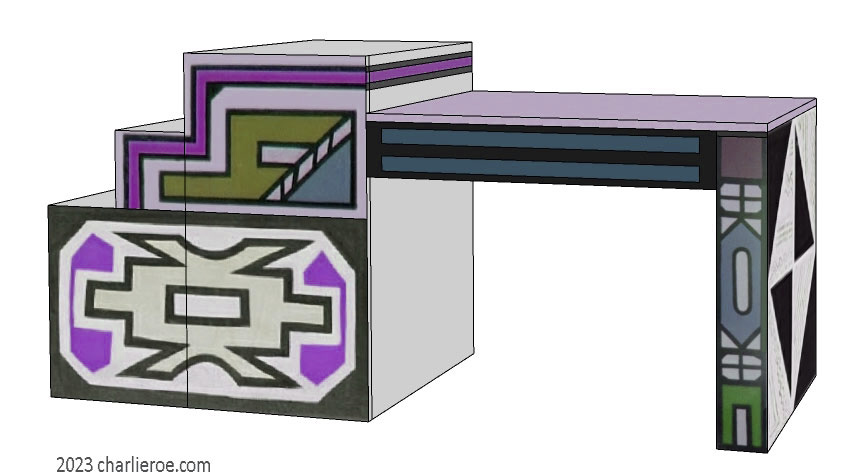 New African style stepped painted tall stepped sideboard cabinet with Ndebele patterns design