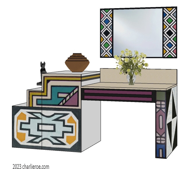 New African style stepped painted tall stepped sideboard cabinet with matching painted mirror frame with Ndebele patterns design