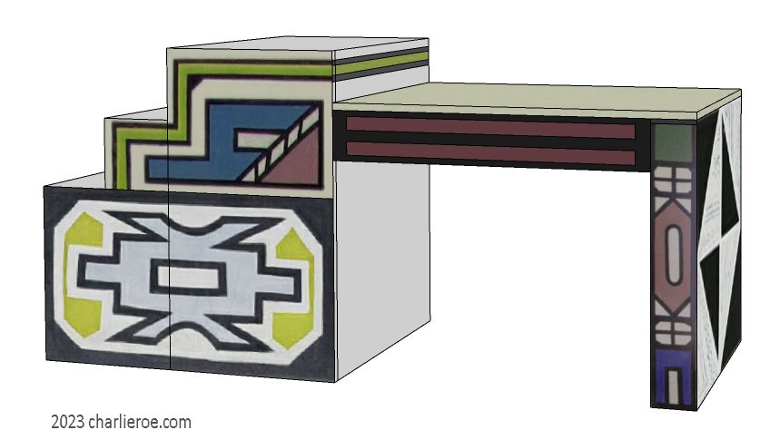 New African style stepped painted tall stepped sideboard cabinet with Ndebele patterns design
