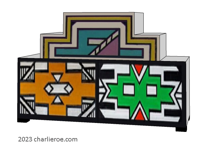 New African style stepped 3 door sideboard cabinet painted with Ndebele patterns design