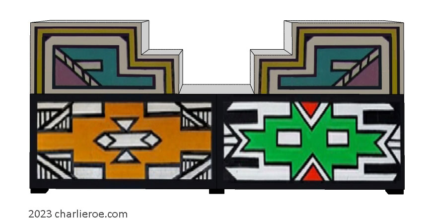 New African style stepped sideboard cabinet painted with Ndebele patterns design