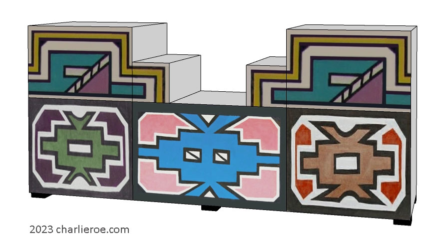 New African style stepped sideboard cabinet painted with Ndebele patterns design