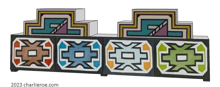 New African style stepped 3 door sideboard cabinet painted with Ndebele patterns design