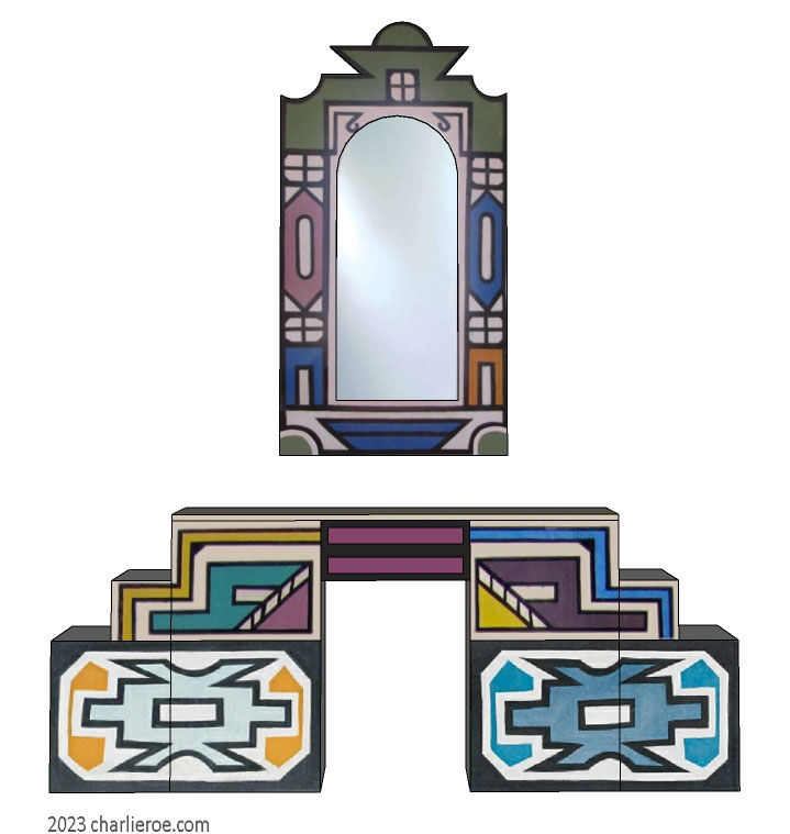 New African style stepped 4 door sideboard cabinet painted with matching wall mirror with Ndebele patterns design