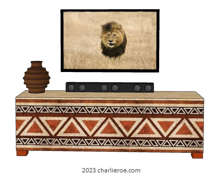 New African style 3 door low sideboard cabinet painted with abstract patterns design