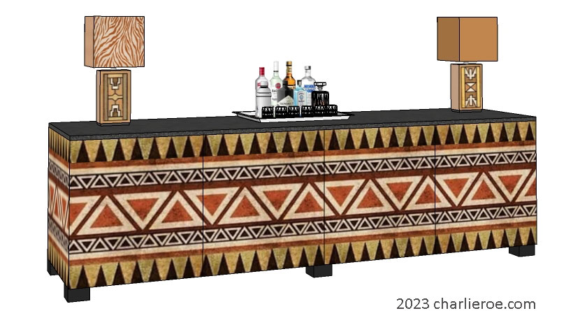 New African style 4 door sideboard cabinet painted with abstract patterns design