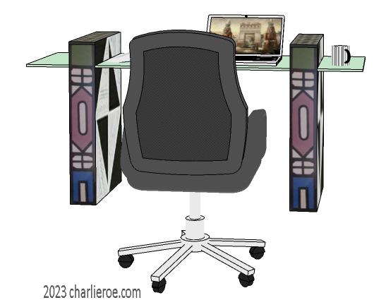 New African style painted home offie desk with a glass top and Ndebele patterns design