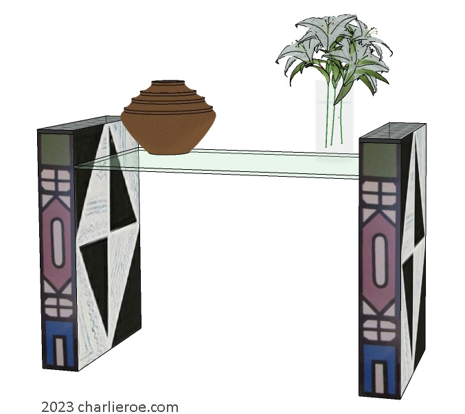 New African style painted console table with a glass top and Ndebele patterns design