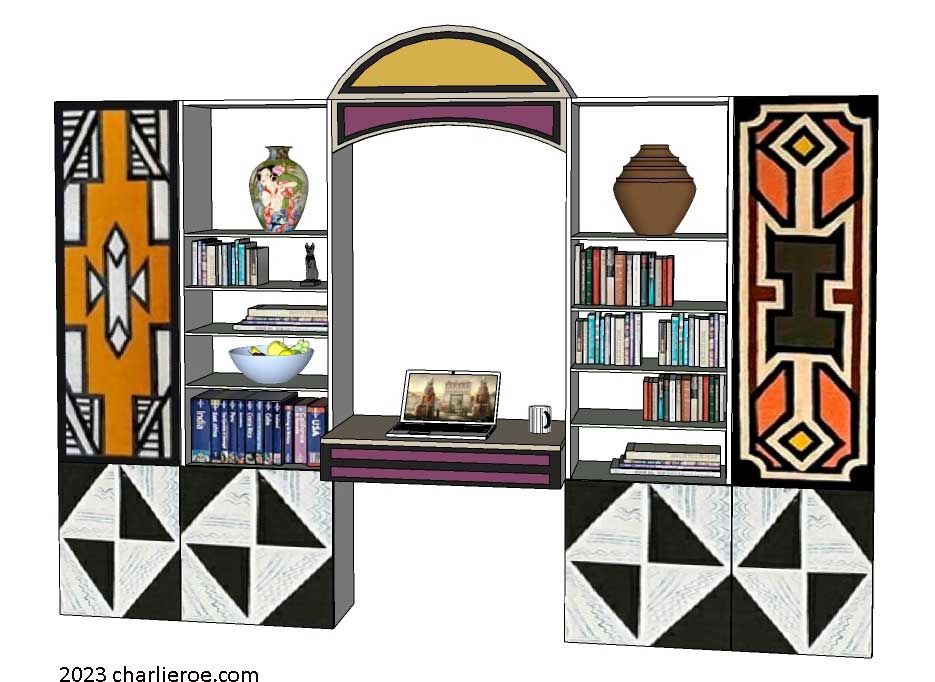 New African style wood & painted home office desk with matching bookcases and display shelves with African Ndebele patterns