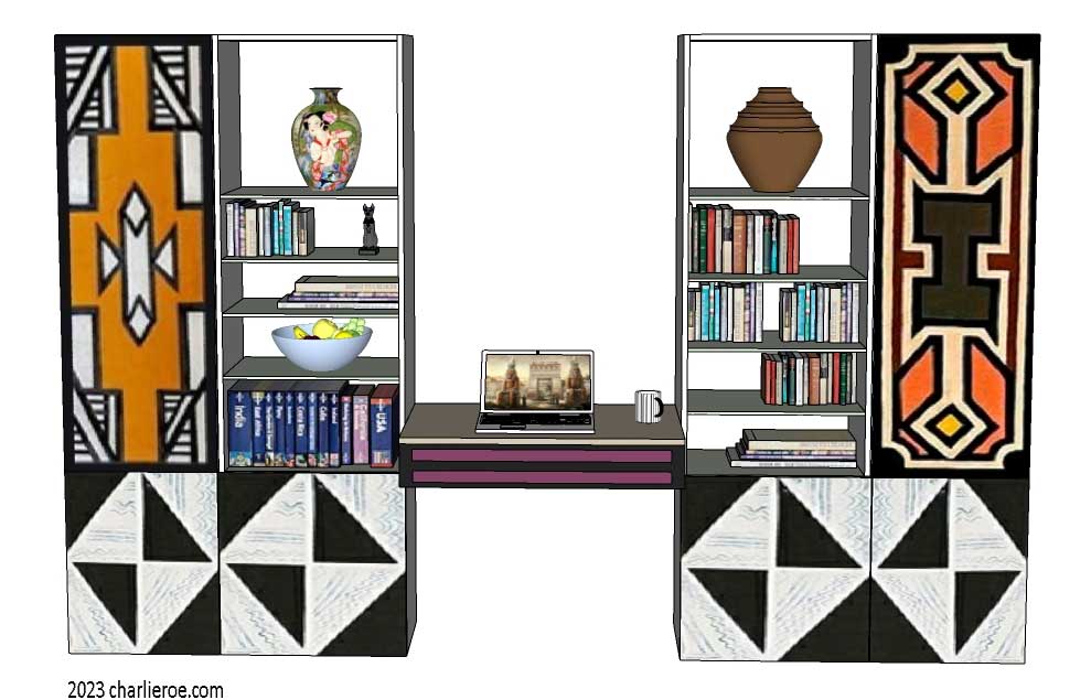 New African style wood & painted home office desk with matching bookcases and display shelves with African Ndebele patterns