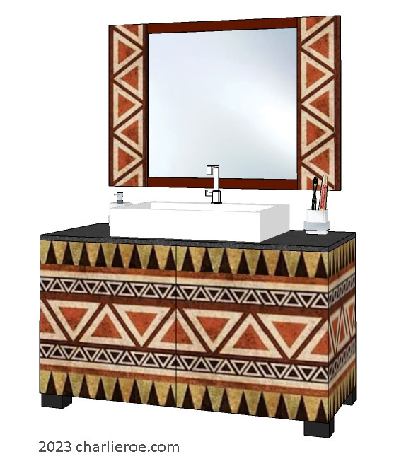 New African style painted wall mirror frame with Abstract patterns design above a matching 2 door vanity unit