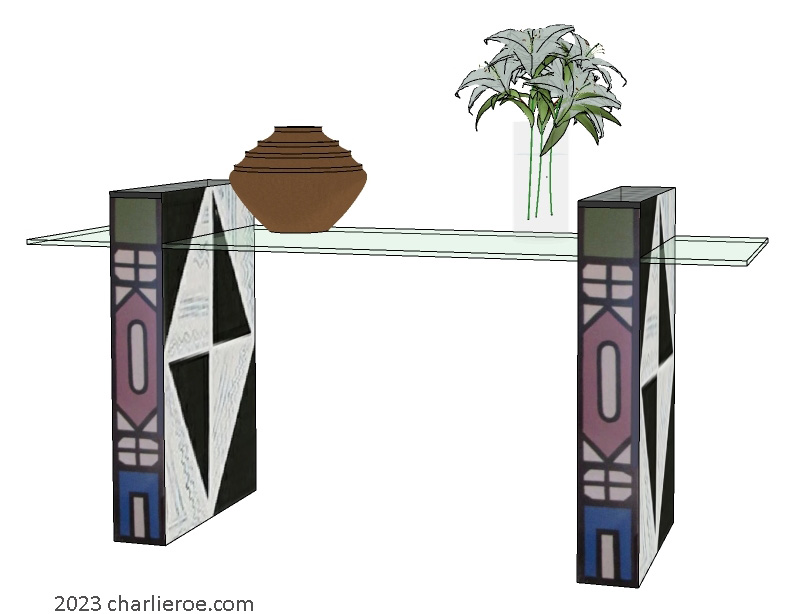 New African style painted console, breakfast or side table with glass top and Ndebele patterns design