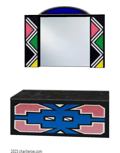 New African style painted console table with Ndebele patterns and matching wall mirror