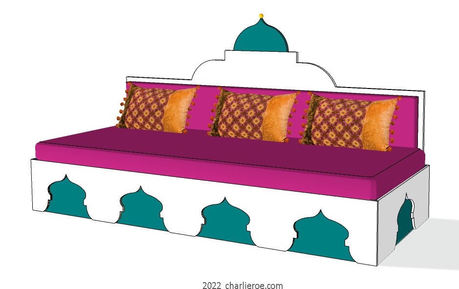 new arab style decoratively painted Majlis floor sofa with arcaded base pattern and domed upholstered architectural back