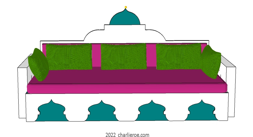 new arab style decoratively painted Majlis floor sofa with arcaded base pattern and domed architectural back with arms/ends