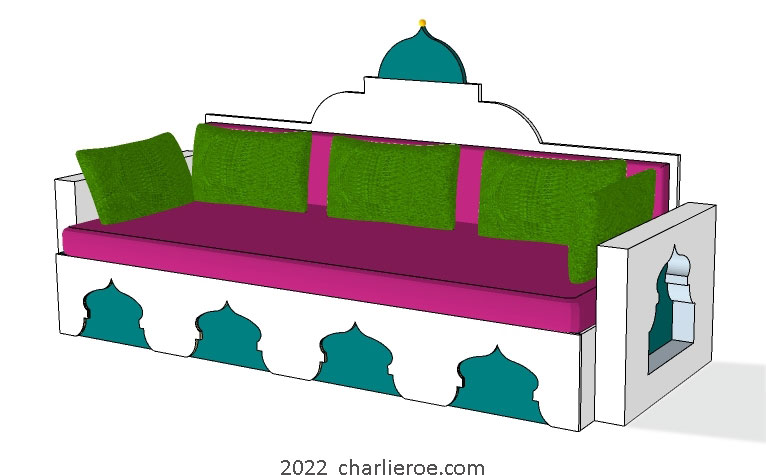 new arab style decoratively painted Majlis floor sofa with arcaded base pattern and domed architectural back with arms/ends