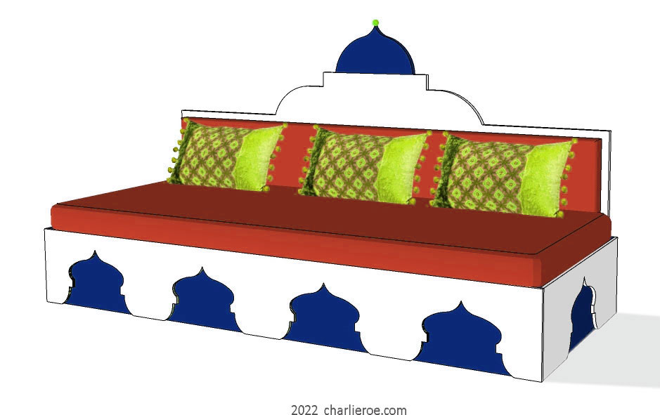 new arab style decoratively painted Majlis floor sofa with arcaded base pattern and domed upholstered architectural back wityh 2 matching side tables
