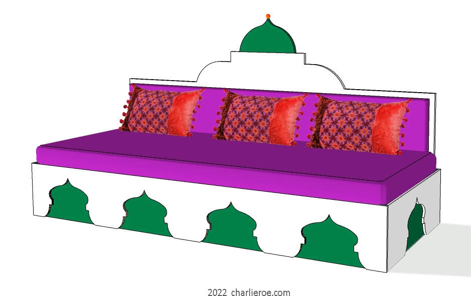 new arab style decoratively painted Majlis floor sofa with arcaded base pattern and domed upholstered architectural back wityh 2 matching side tables