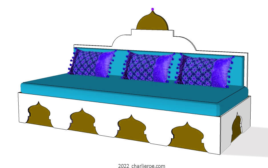 new arab style decoratively painted Majlis floor sofa with arcaded base pattern and domed upholstered architectural back wityh 2 matching side tables