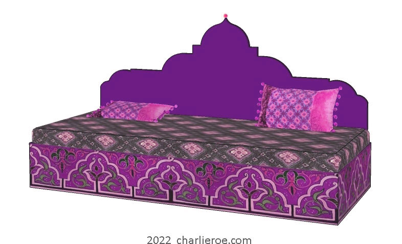 new arab style decoratively painted Majlis floor sofa with arcaded base pattern and domed upholstered architectural back wityh 2 matching side tables