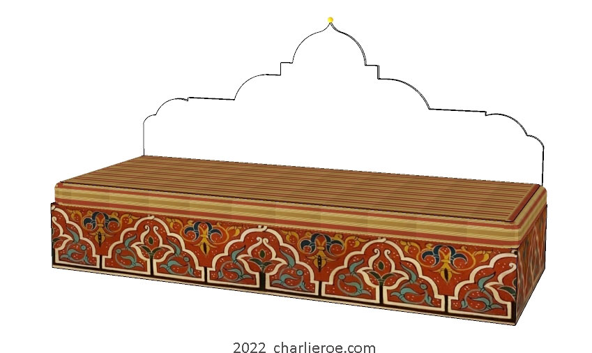 new arab style decoratively painted Majlis floor sofa with arcaded base pattern and domed architectural back