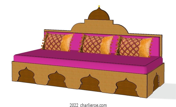 new arab style decoratively painted Majlis floor sofa with arcaded base pattern and domed upholstered architectural back