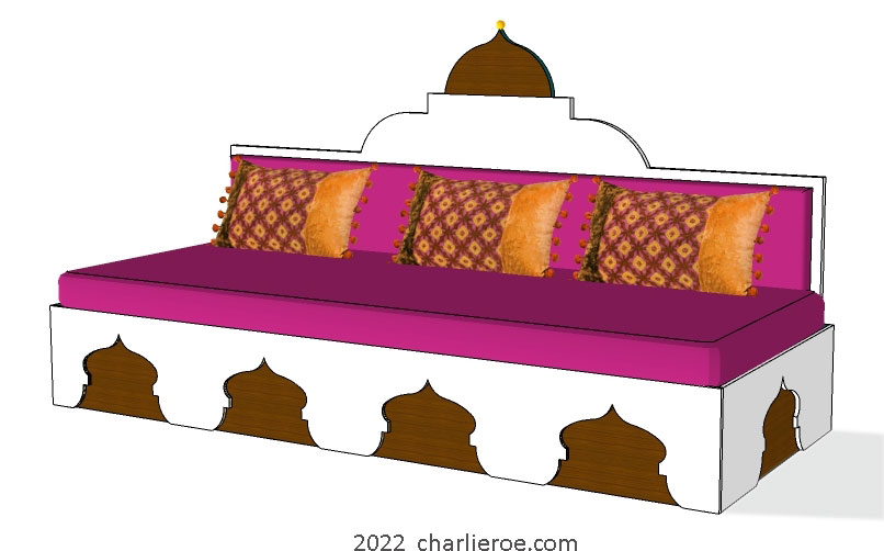 new arab style decoratively painted Majlis floor sofa with arcaded base pattern and domed upholstered architectural back