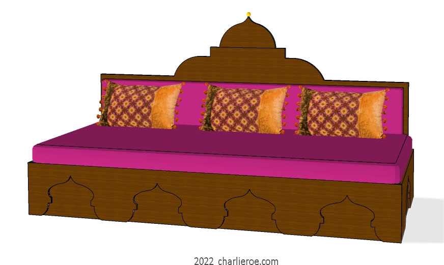 new arab style decoratively painted Majlis floor sofa with arcaded base pattern and domed upholstered architectural back