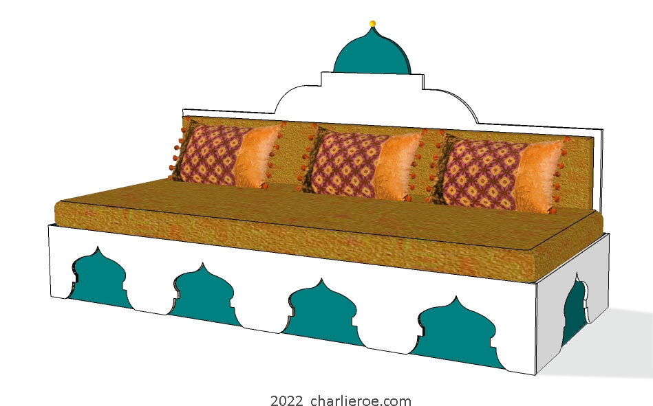 new arab style decoratively painted Majlis floor sofa with arcaded base pattern and domed upholstered architectural back