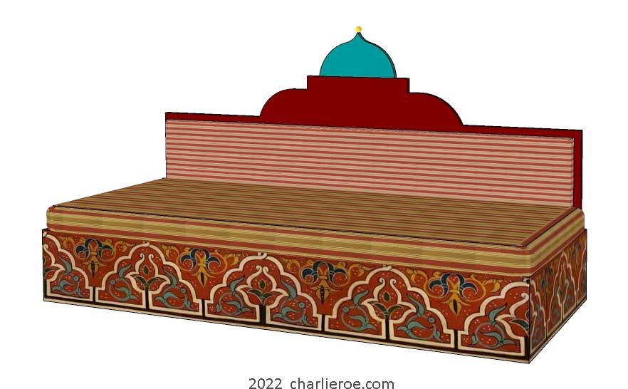 new arab style decoratively painted Majlis floor sofa with arcaded base pattern and domed upholstered architectural back