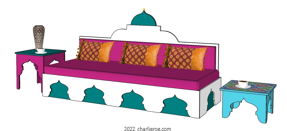 new arab style decoratively painted Majlis floor sofa with arcaded base pattern and domed upholstered architectural back wityh 2 matching side tables