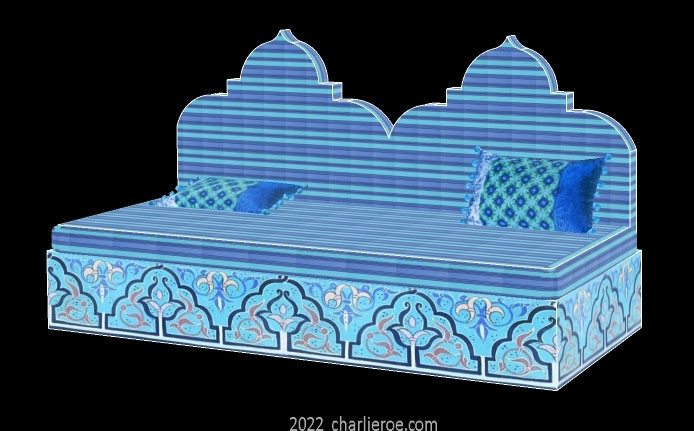 new arab style decoratively painted Majlis floor sofa with high back upholstered in the shape of a double domed mosque