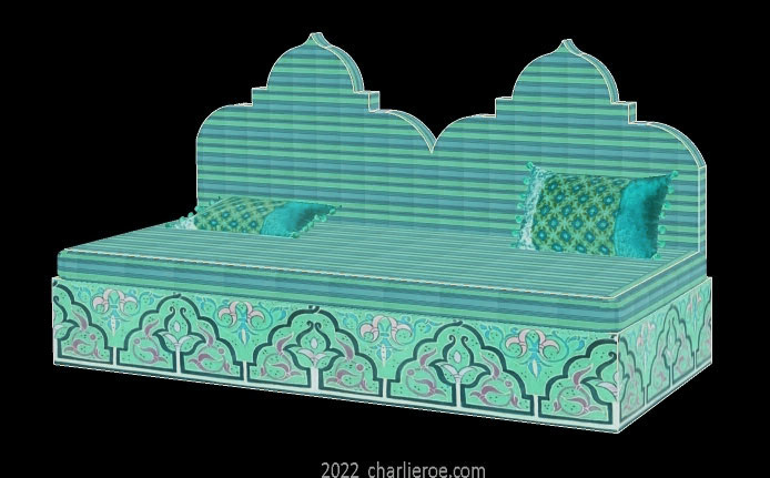 new arab style decoratively painted Majlis floor sofa with high back upholstered in the shape of a double domed mosque
