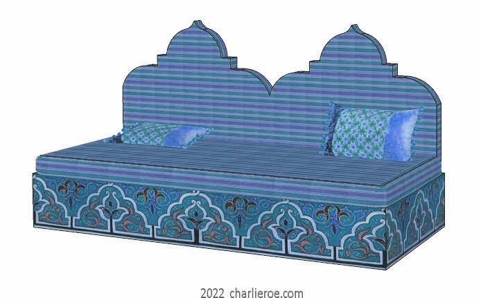 new arab style decoratively painted Majlis floor sofa with high back upholstered in the shape of a double domed mosque