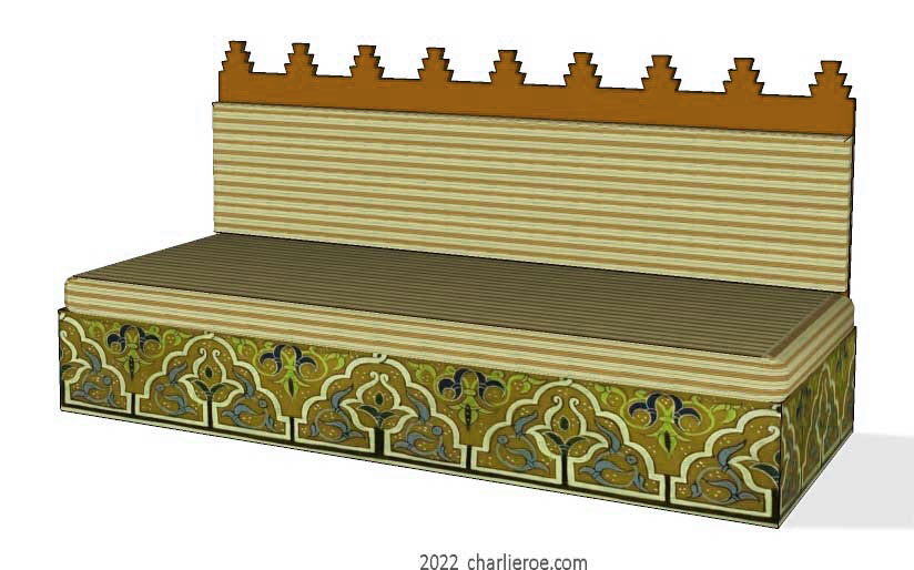 new arab style decoratively painted Majlis floor sofa with arcaded base pattern and domed architectural back