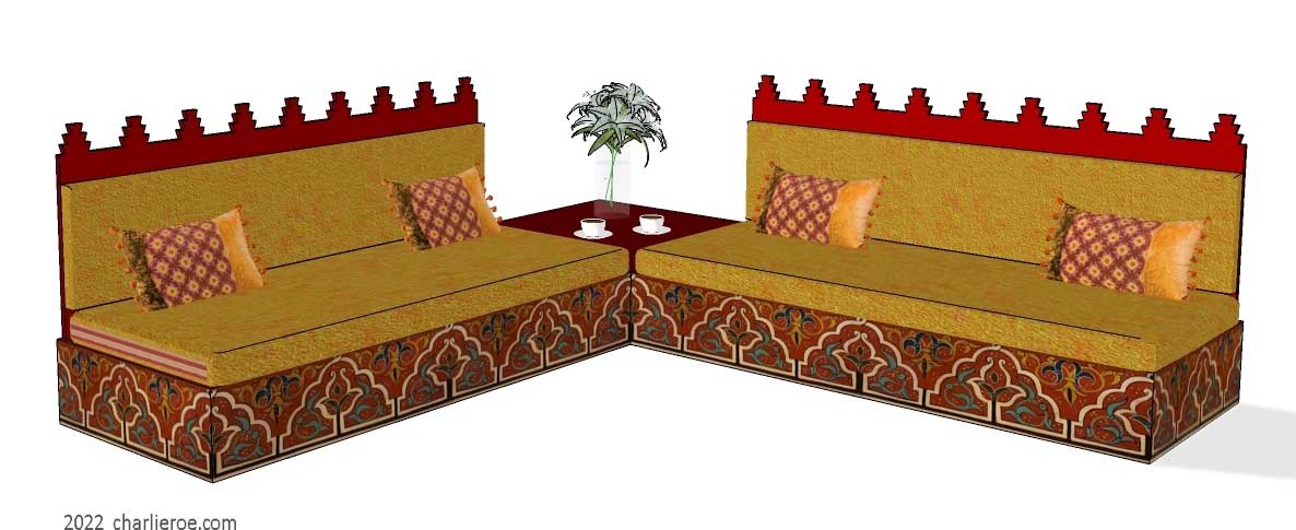 new arab Moroccan style decoratively painted Majlis floor sofas arranged in an corner L shape with a corner low table