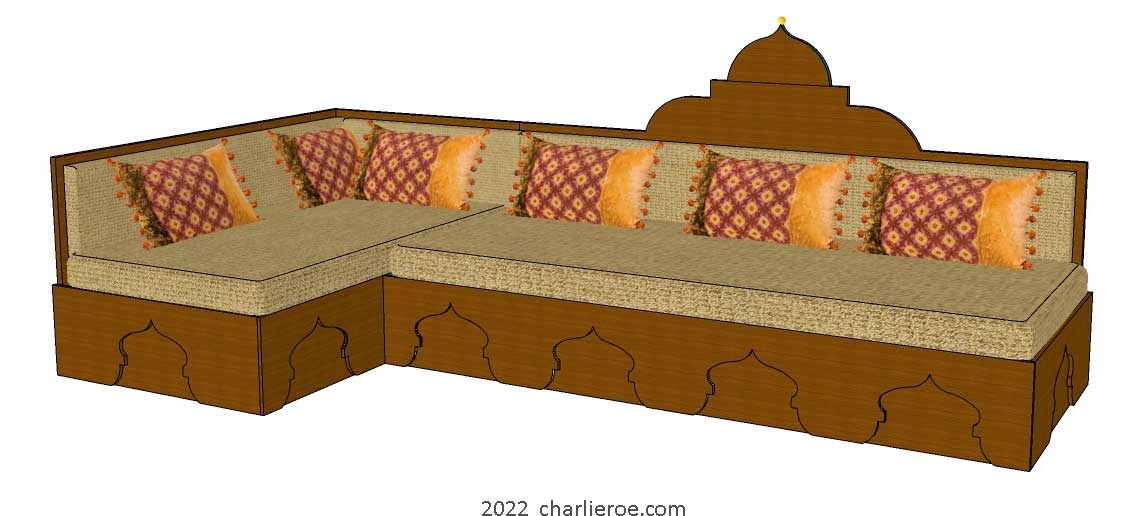 new arab style decoratively painted corner L shaped Majlis floor sofa with arcaded base pattern and domed architectural back