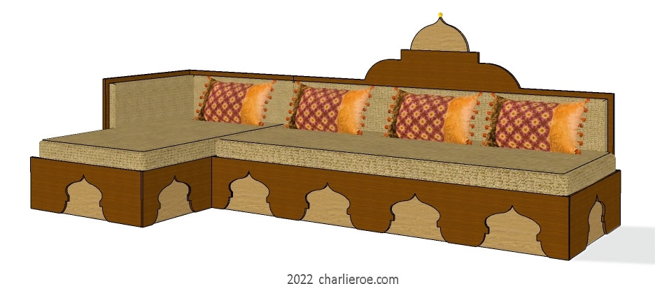 New Arab Moroccan style bespoke decoratively painted & wood corner L shaped sofas, Majlis floor sofas, divans, Jalsa with domed upholstered architectural back