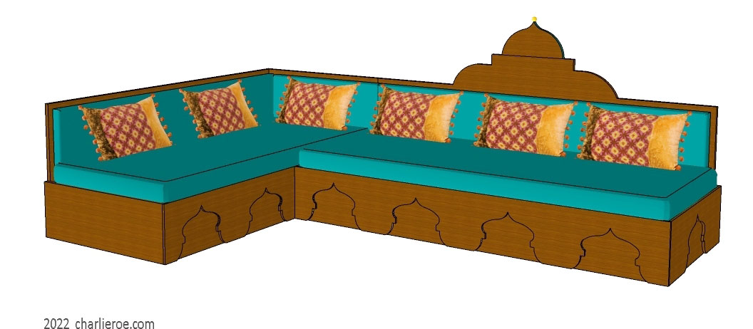 New Arab Moroccan style bespoke decoratively painted & wood corner L shaped sofas, Majlis floor sofas, divans, Jalsa with domed upholstered architectural back