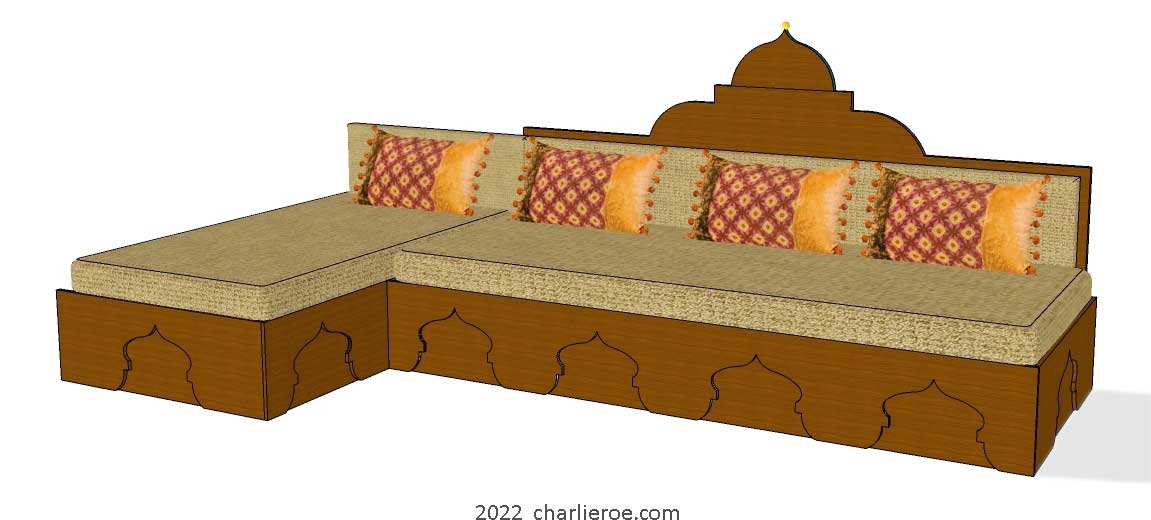 New Arab Moroccan style bespoke decoratively painted & wood corner L shaped sofas, Majlis floor sofas, divans, Jalsa with domed upholstered architectural back