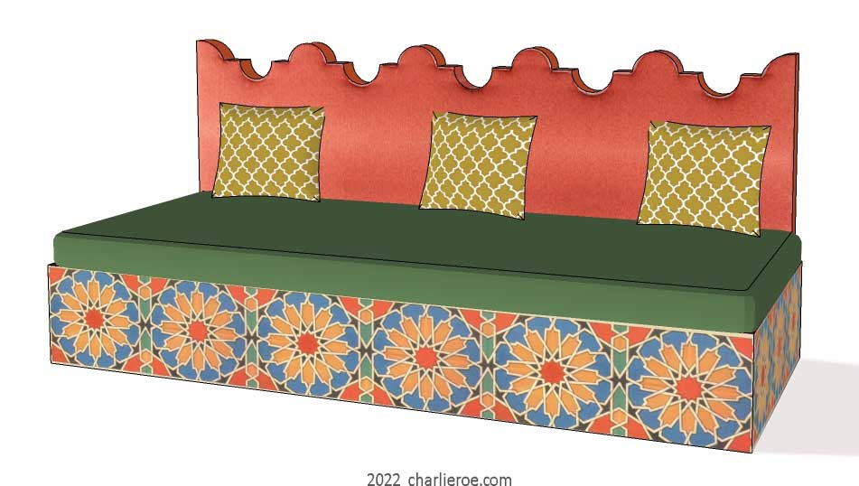new arab Moroccan style decoratively painted Majlis floor sofa with architectural back profile