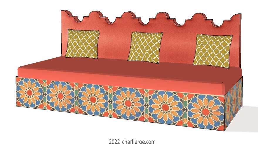 new arab Moroccan style decoratively painted Majlis floor sofa with architectural back profile