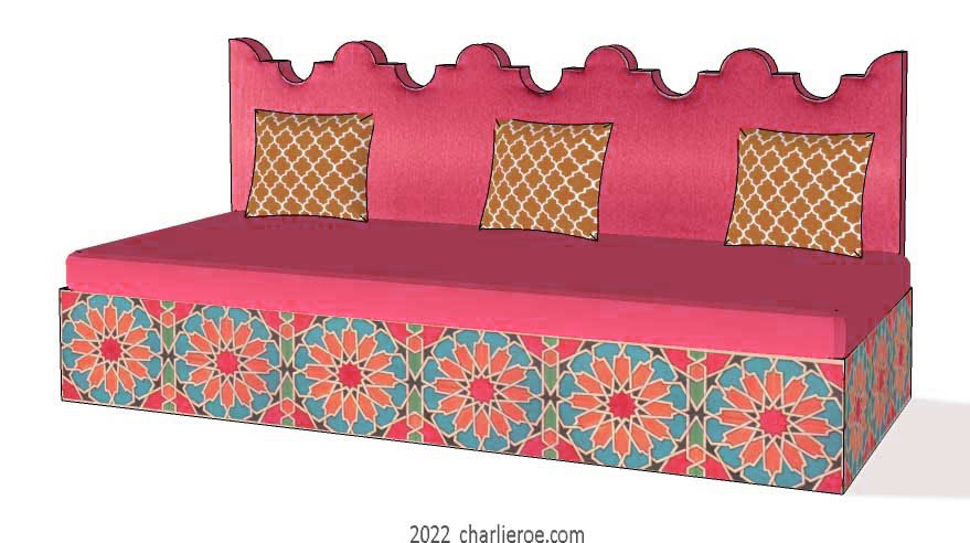 new arab Moroccan style decoratively painted Majlis floor sofa with architectural back profile
