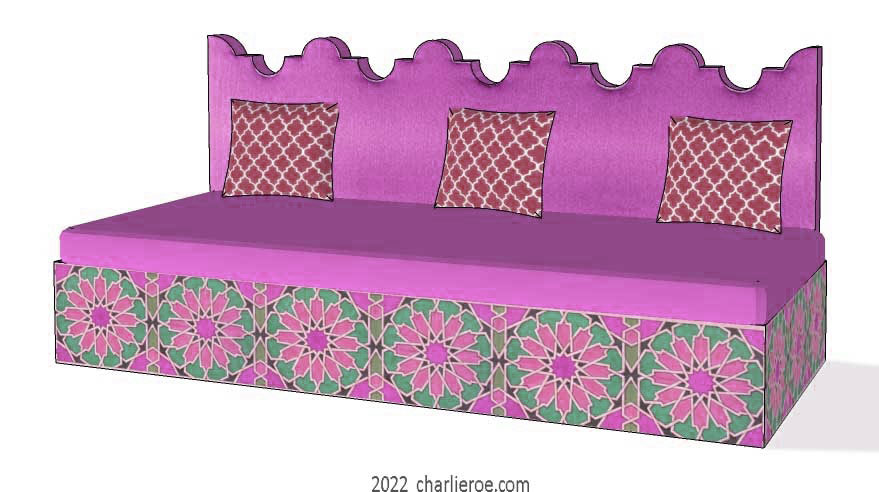 new arab Moroccan style decoratively painted Majlis floor sofa with architectural back profile