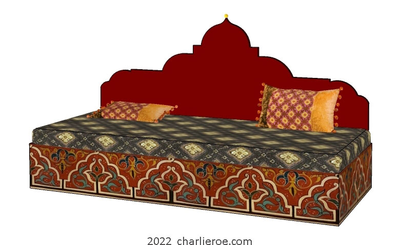 new arab style decoratively painted Majlis floor sofa with arcaded base pattern and domed architectural back