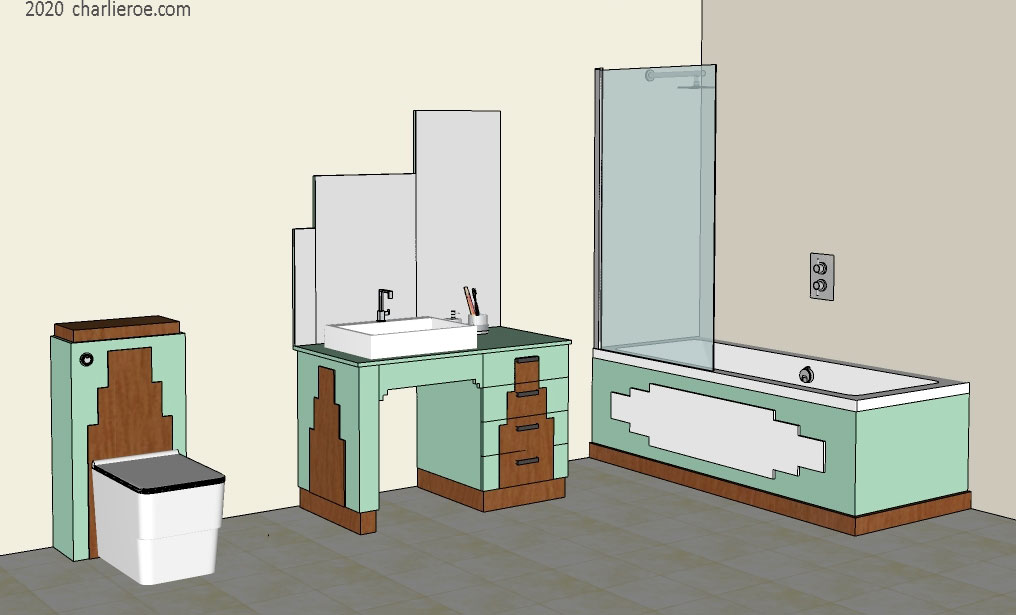 New Art Deco Skyscraper style lacquered, wood or veneered bathroom furniture including a vanity unit, WC with concealed cistern & stepped dressing mirror and matching bath panels