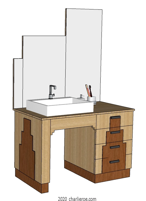 New Art Deco Skyscraper style veneered wood bathroom a vanity unit and stepped top mirror